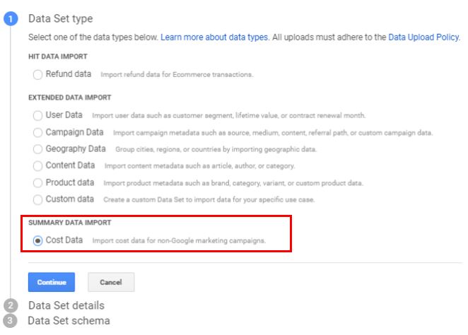 구글 애널리틱스 데이터 가져오기 데이터셋 유형선택